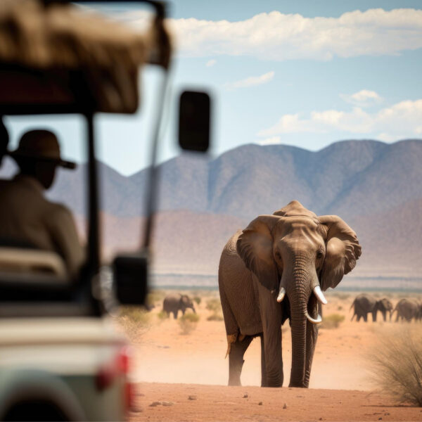 Elephant safari in view from jeep